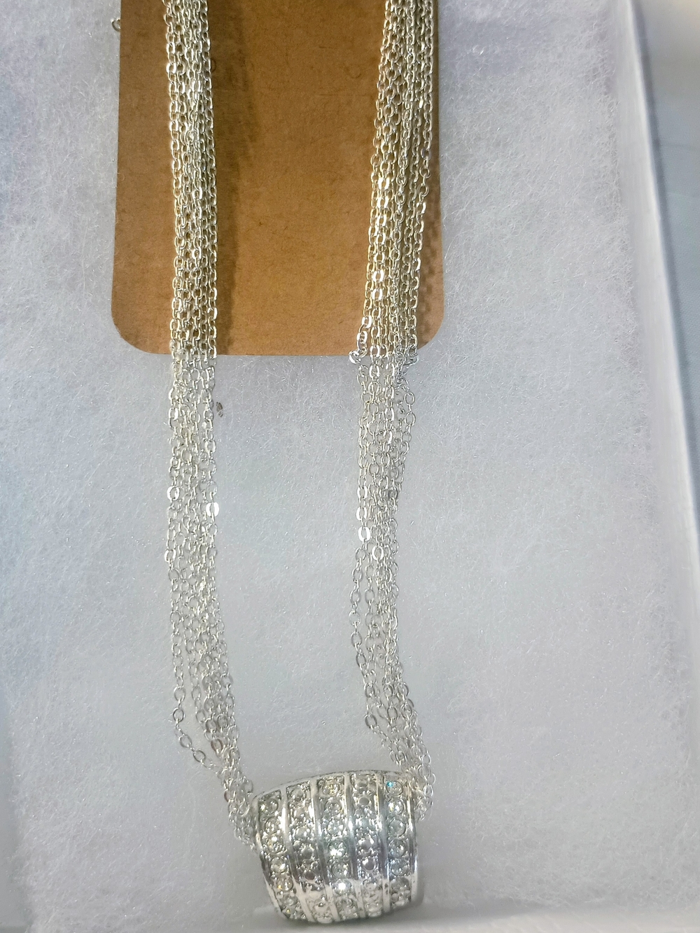 Silver Multi-Chain Necklace with Pavé Crystal Barrel Pendant